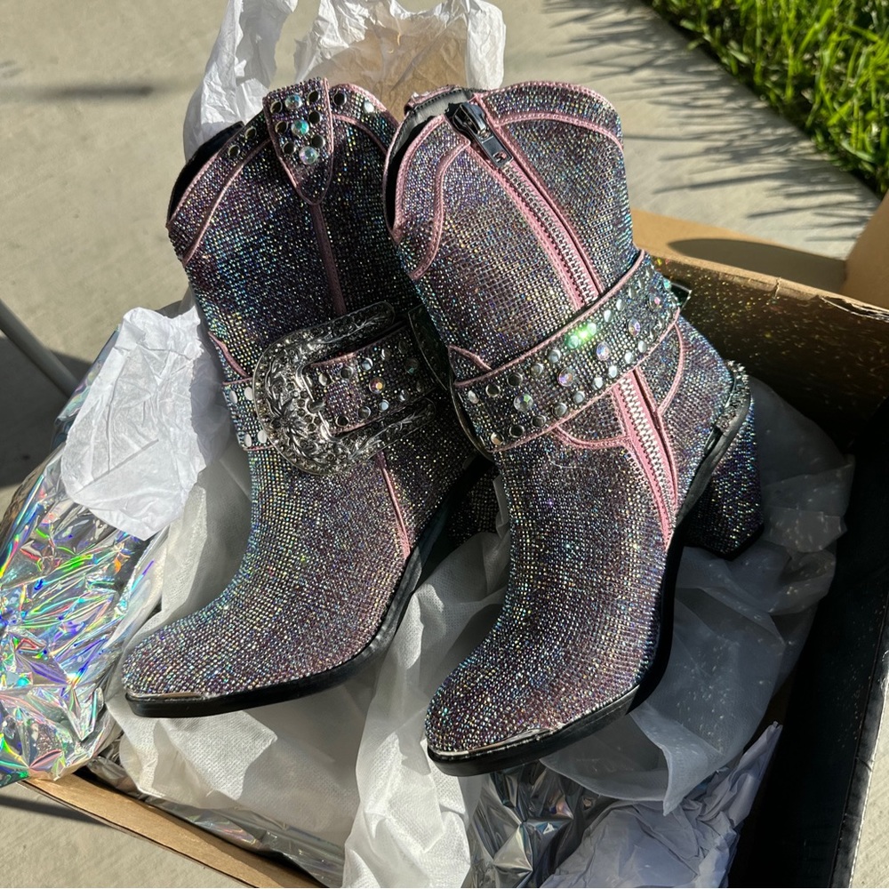 Dolls kill mauve lilac rhinestone boots